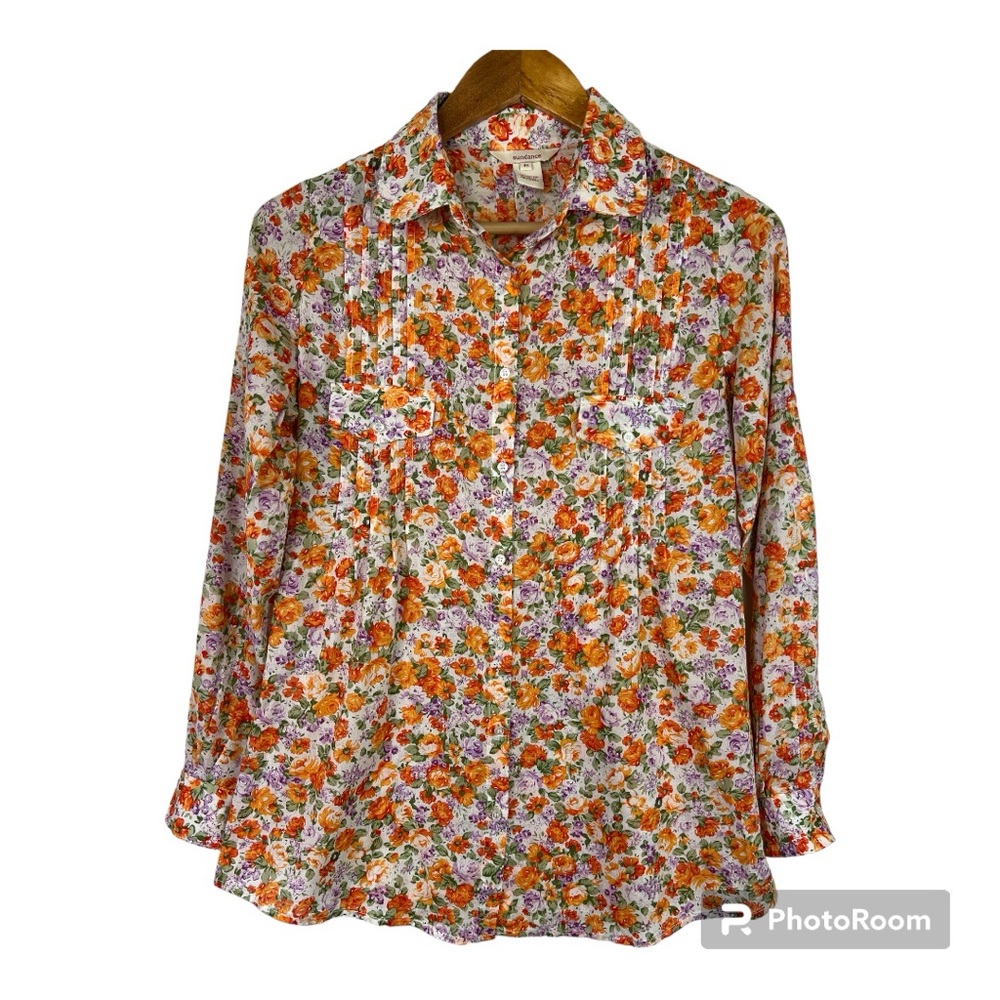 Sundance Floral Button Up Pintuck Shirt Roll Tab Sleeves Orange/Purple Sz M
